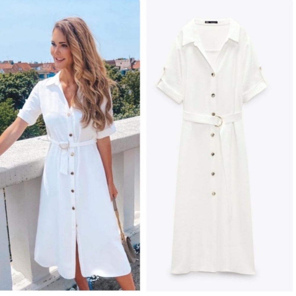 Elegant White Belted Shirtdress